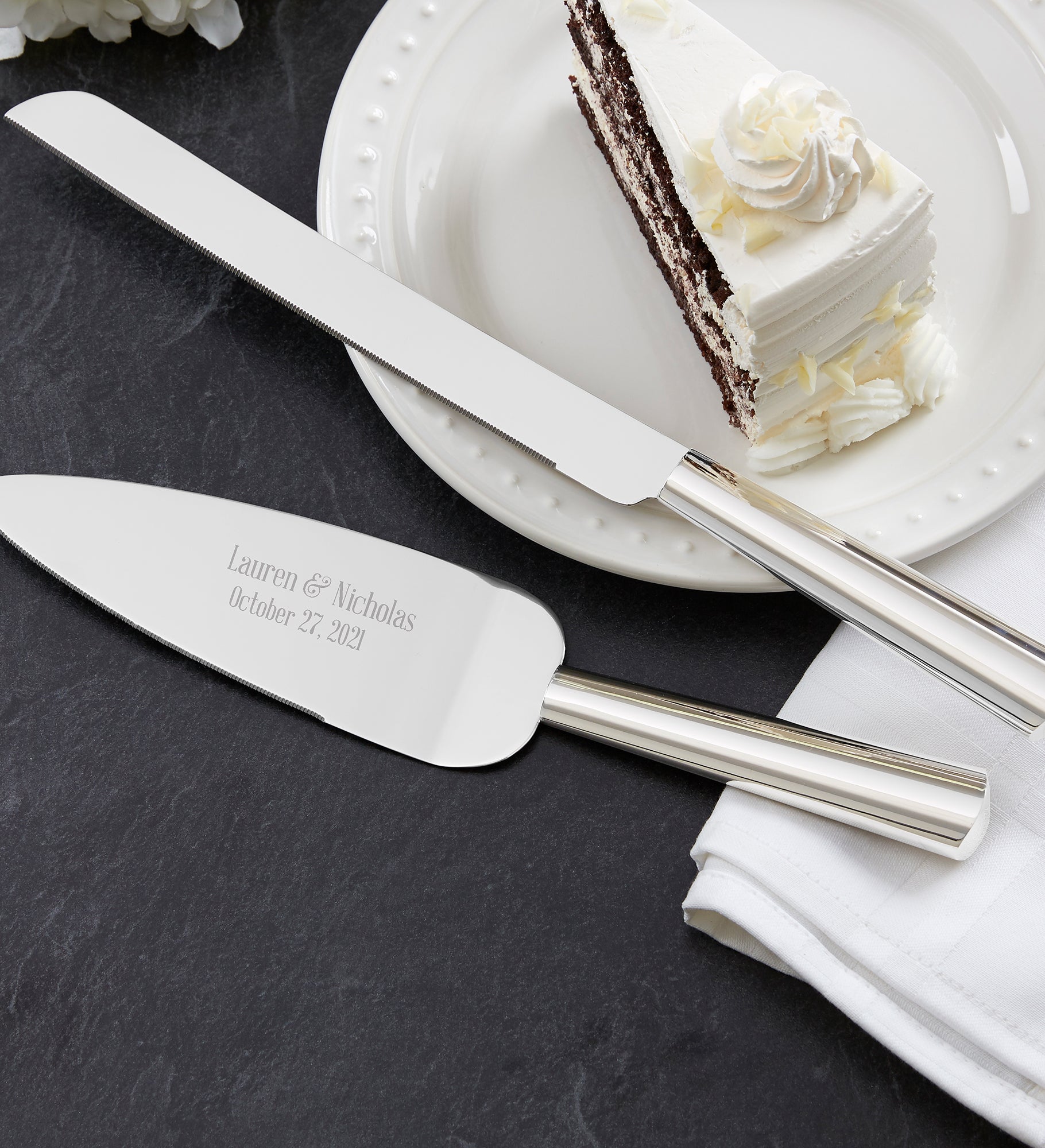 Modern Wedding Engraved Cake Knife & Server Set
